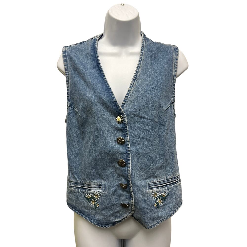 Vintage 90's Floral Button Denim Vest Women’s SZ 36 6/8 Adjustable Western Look - Picture 1 of 4
